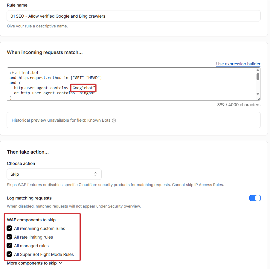 Cloudflare custom rule allowing crawlers by matching user agent strings Googlebot and bingbot with Skip action for WAF components