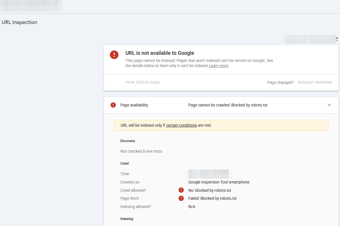 Google Search Console URL Inspection live test showing URL is not available to Google, crawled as Google Inspection Tool smartphone, page fetch failed: blocked by robots.txt